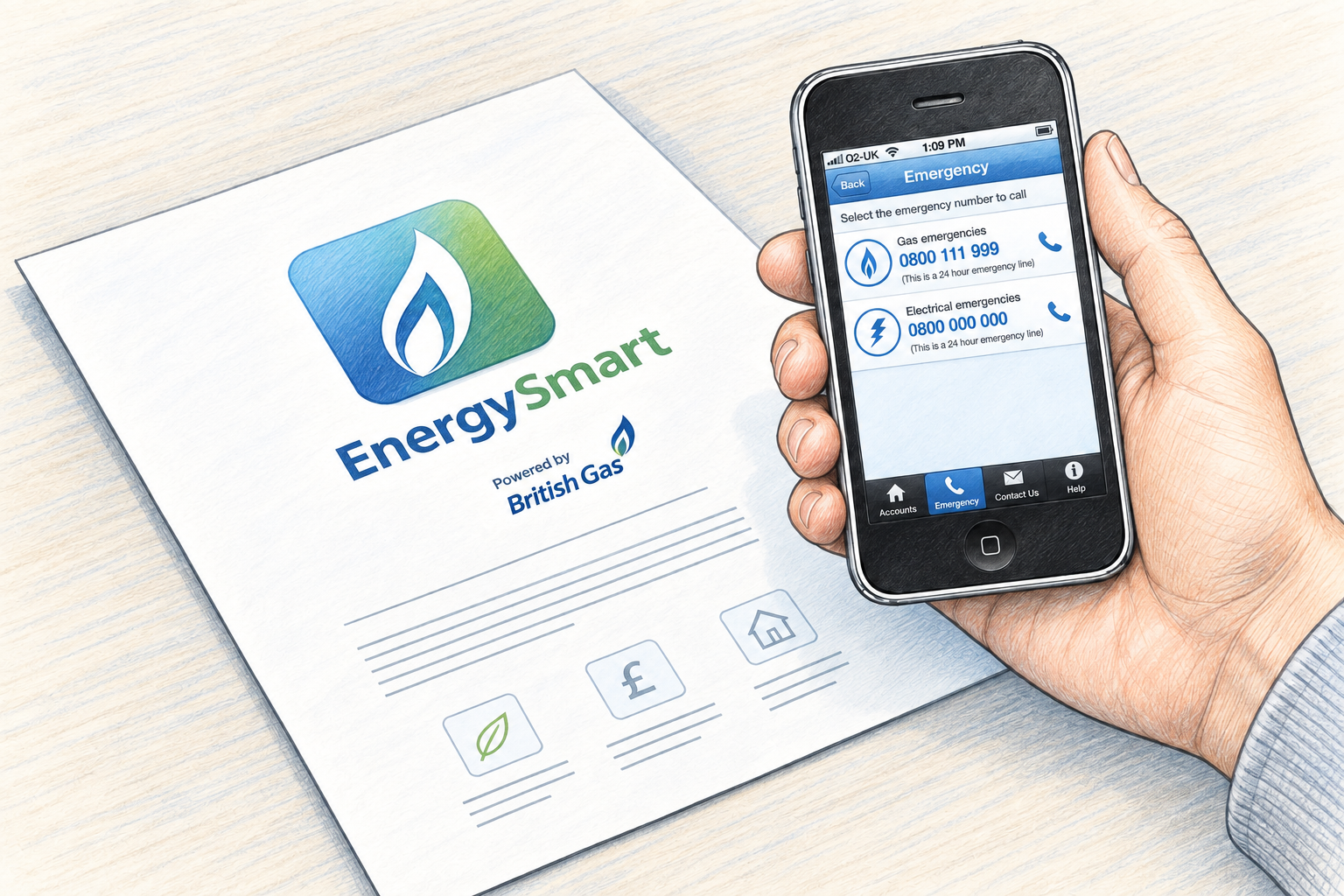 EnergySmart, powered by British Gas — flyer and app emergency screen